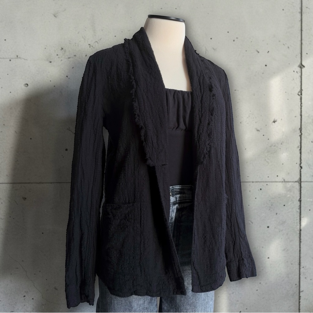 Raquel Allegra Single Button Textured Raw Edge Blazer Jacket Black